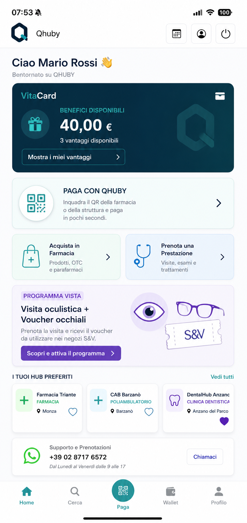 Schermata della nuova app QHUBY con servizi di pagamento, buoni e programmi di salute.